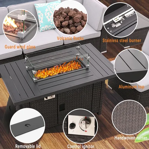 Miniatura 2 de Mesa para fogata de propano, 46 pulgadas, con certificación ETL de 55,000 BTU, mesa de gas para exteriores con protector de viento de vidrio y rocas