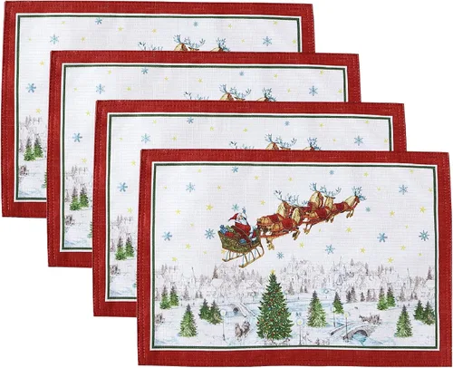 Elrene Home Fashions Manteles Individuales de Tela Santa Snowy Sleighride, Decoración de Mesa de Navidad, 13" An x 19" L, Juego de 4