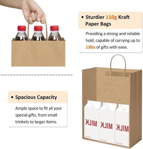 Miniatura 2 de BagDream Bolsas de papel grandes de 13 x 7 x 17 pulgadas, bolsas de regalo marrón kraft con asas para recuerdos de fiesta, compras, venta al por