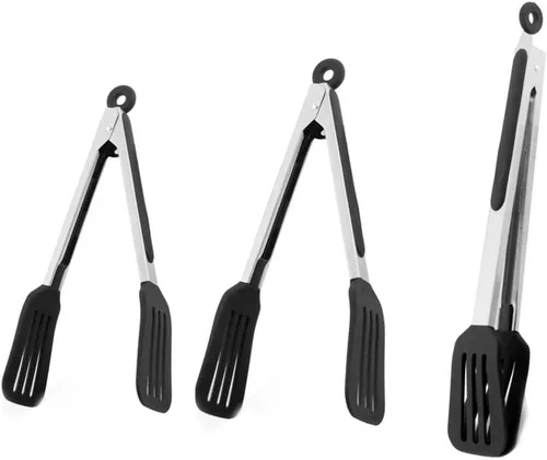 Miniatura 7 de Juego de 3 pinzas de cocina de acero inoxidable y silicona, color negro (7 pulgadas, 9 pulgadas, 12 pulgadas), resistente al calor, antiadherente