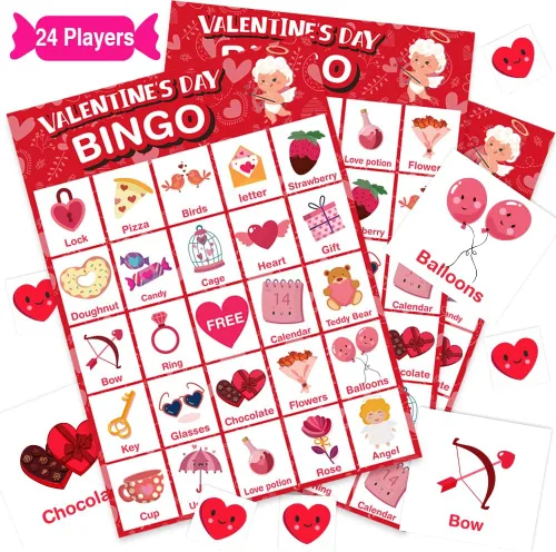 V-Opitos Tarjeta de juego de bingo de gran tamaño para el día de San Valentín para niños y adultos, 24 jugadores, juego de San Valentín para