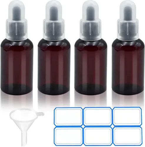 Paquete de 4 botellas con cuentagotas esenciales de plástico ámbar de 2 onzas con embudo, etiquetas para almacenamiento de líquidos
