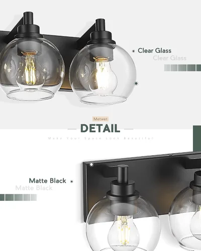 Miniatura 3 de Accesorios de iluminación de baño, luz de tocador mate negra de 2 luces, apliques de pared modernos con pantalla de globo de vidrio transparente