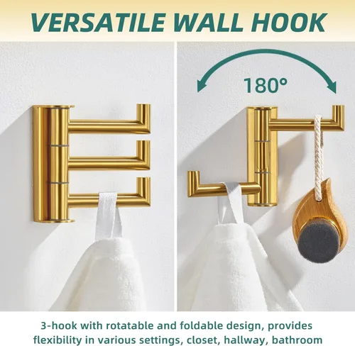 Miniatura 8 de APLusee Gancho giratorio para toalla, gancho plegable de acero inoxidable 304 con tres brazos giratorios, colgador de almacenamiento flexible