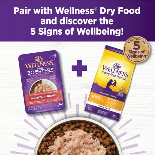 Miniatura 7 de Wellness Bowl Boosters Shreds with Caldo Wet Cat Food Topper, sin granos, natural, receta de atún en hojuelas y camarones, 1.75 onzas, paquete de 12