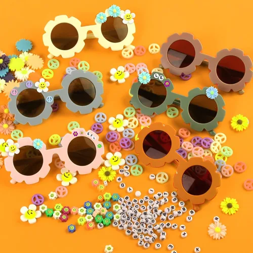 Miniatura 7 de Gafas de sol redondas de flores para niños, lindo juego de lentes de sol de flores, cuentas de letras, margaritas, carita sonriente, flor y signo