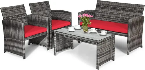 Miniatura 9 de HAPPYGRILL Juego de 4 piezas para conversación de patio con cojines suaves, juego de muebles de ratán con mesa de centro de mimbre de polietileno