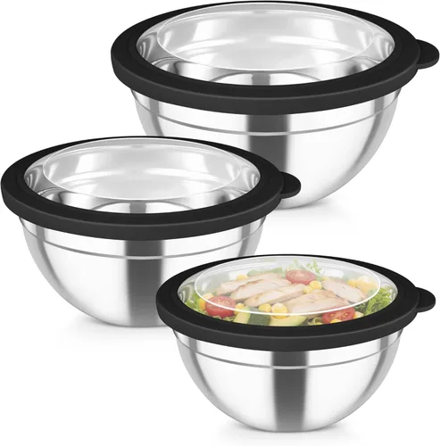 TeamFar - Juego de 3 tazones para mezclar de acero inoxidable, 4.5/3/1.5 QT, tazones para ensalada anidados con tapas herméticas, para