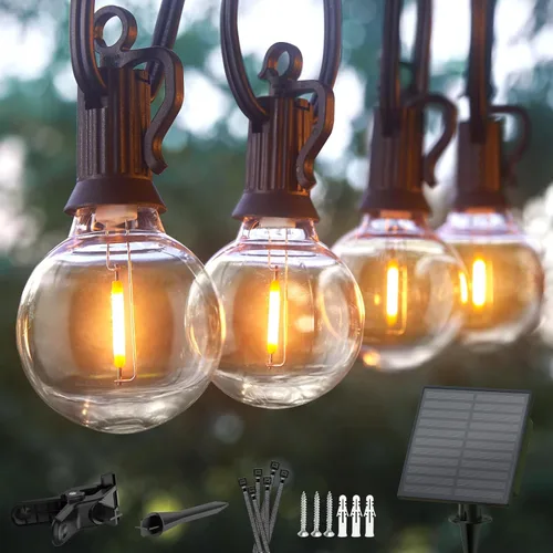 Miniatura 17 de Minetom Tira de luces solares de 34 pies para exteriores con control remoto, luces de patio con 10 bombillas LED inastillables y ganchos, enchufe
