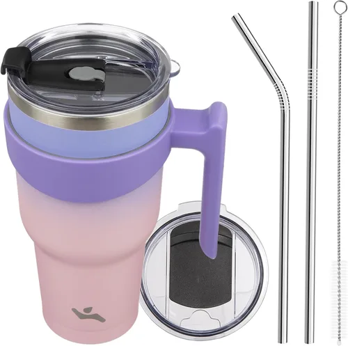 Miniatura 39 de Konokyo - Vaso de 10 onzas con asa y 2 popotes, 2 tapas, botella de agua aislada de acero inoxidable, taza de viaje reutilizable, color verde militar