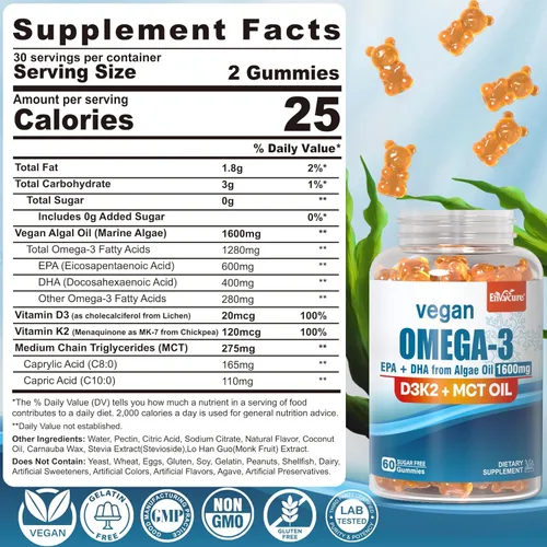 Miniatura 2 de Gomitas veganas Omega 3 de 1280 mg + vitamina D3 K2 (MK7), alternativa al aceite de pescado Omega 3 para adultos, con algas EPA 600 mg y DHA 400 mg