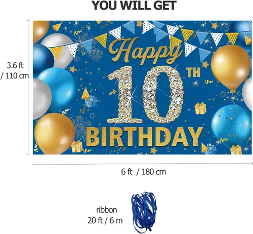 Miniatura 2 de Cartel de fondo de decoración de cumpleaños número 10, decoración de feliz cumpleaños 10 para niños, fondo de fotografía de cumpleaños azul, cartel