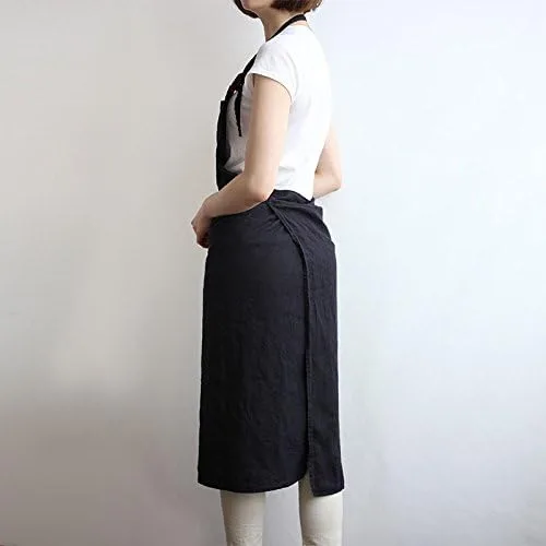 Miniatura 2 de Delantal de lino de 4 colores, unisex ajustable fácil cuidado casa simple largo delantal negro