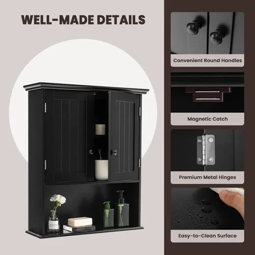 Miniatura 6 de LOKO Armario de pared para baño, botiquín de doble puerta con compartimento abierto y estante ajustable, armario de almacenamiento montado