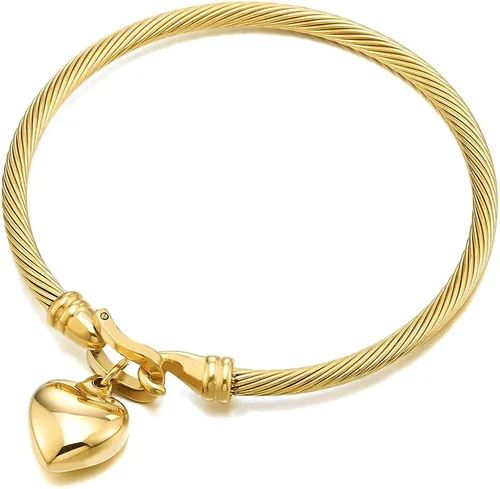 COOLSTEELANDBEYOND Encantadora pulsera de cable trenzado con dije de corazón de soplo para mujer, cierre de gancho de color dorado de acero, Acero