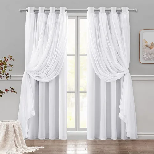 HOMEIDEAS Cortinas opacas de doble capa de color blanco grisáceo de 84 pulgadas de largo, 2 paneles de cortinas con ojales con superposición