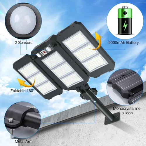 Miniatura 5 de Luces de inundación solar para exteriores, 7000 LM, luces solares súper brillantes de brazo de aluminio, 3 cabezales, LED de atardecer a amanecer