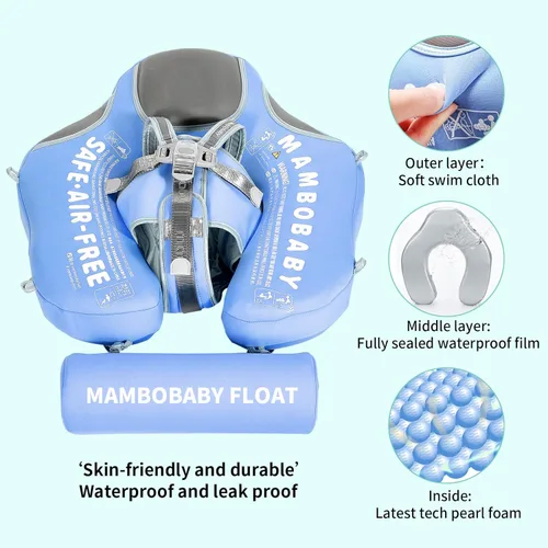 Miniatura 2 de Mambobaby Flotador con Toldo y Cola Nuevo Mejorado Flotador de Piscina No Inflable para Bebé Flotador de Natación Mambo Entrenador de Natación azul