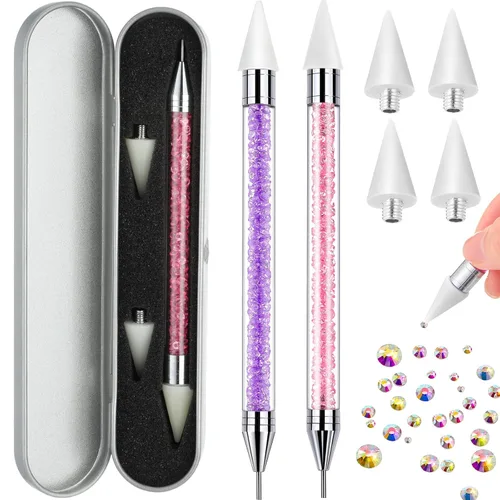 2 piezas de lápiz de cera con punta de diamante de imitación y pluma de punteado, selector de gemas de diamante de imitación de doble punta, lápiz