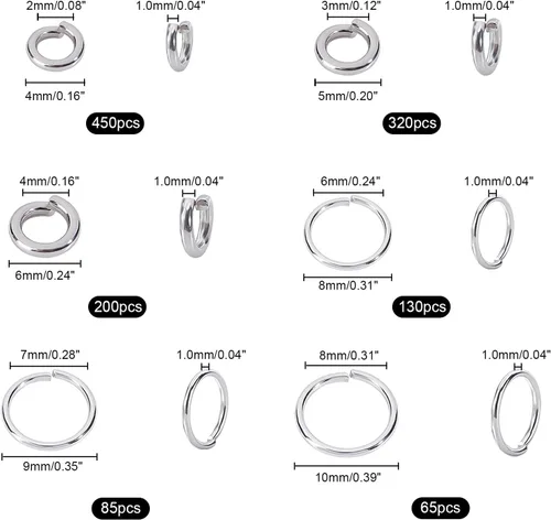 Miniatura 3 de PH PandaHall 1000 piezas de anillos de salto abiertos de acero inoxidable 304 de 4/5/6/8/9/0.394 in, calibre 18 con 1 juego de 5.1 pulgadas