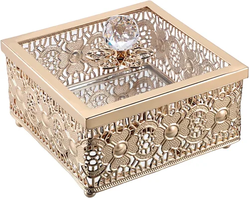 Hipiwe Joyero dorado vintage con tapa de cristal, caja de baratija con espejo, caja cuadrada de metal decorativo para anillos, aretes, caja de cofre