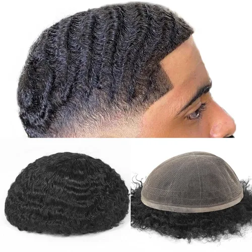 HAPPY&CC Manejar cabello afro unidad negro hombres cabello humano toupee peluca francesa encaje pieza de pelo sistema de reemplazo para hombres #1