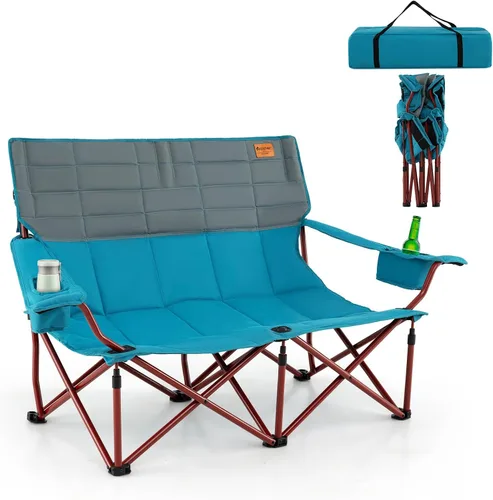 Miniatura 11 de Goplus Silla de campamento para 3 personas para adultos, silla plegable de gran tamaño para exteriores baja con portavasos y acolchado grueso, silla