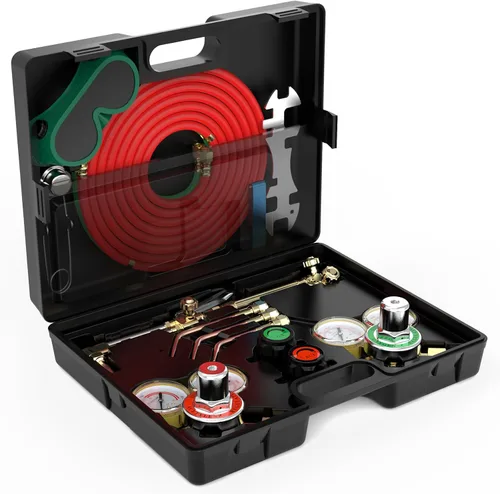 Miniatura 2 de TOOLIOM Kit de antorcha de oxígeno y acetileno, juego de antorchas de soldadura y corte de gas, herramientas de soldador con reguladores, medidores