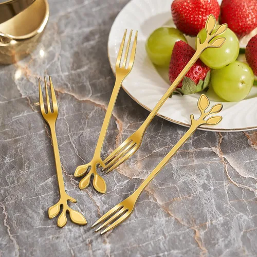 Miniatura 7 de AnSaw Juego de 10 Tenedores de Postre Mini Hoja Dorados - 4.7" Elegantes Tenedores de Acero Inoxidable para Frutas, Aperitivos, Pasteles y Ensaladas