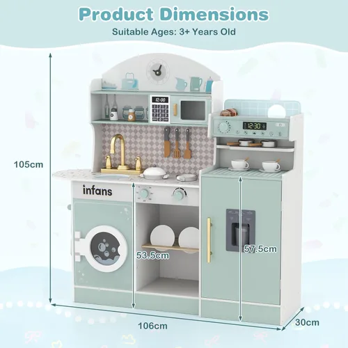 Miniatura 4 de INFANS Juego de cocina para niños, juego de cocina de madera para niños pequeños, juego de juguetes de cocina con cafetera, máquina de hielo, Azul