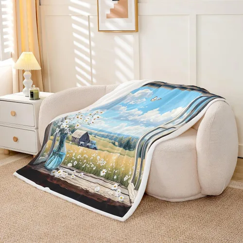 Miniatura 3 de Rustic Farmhouse Style Sherpa Blanket Retro Barn Truck Flannel Fleece Throw Blanket 40"x50" for Sofa Couch Country Daisy Flowers Ultra Soft Bed Blue