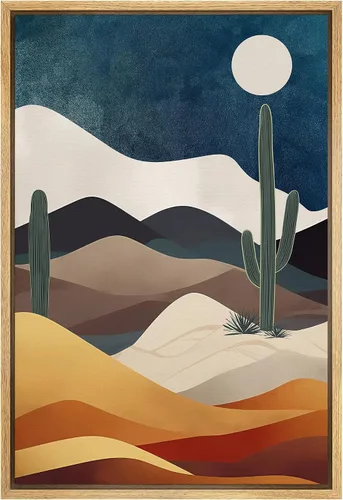 SIGNFORD Impresión en Lienzo Enmarcado Arte de Pared Luna de Medianoche Cactus Desierto Duna Naturaleza Vida Silvestre Ilustraciones Decorativas
