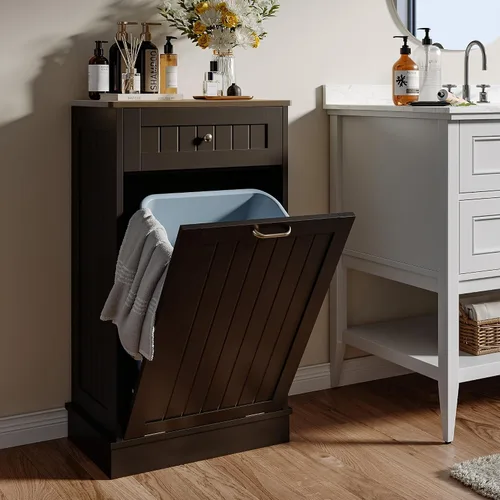 Miniatura 9 de LOUVIXA Gabinete de basura inclinable, armario de basura oculto con cajón, soporte de madera para basura a prueba de perros, cesta de lavandería