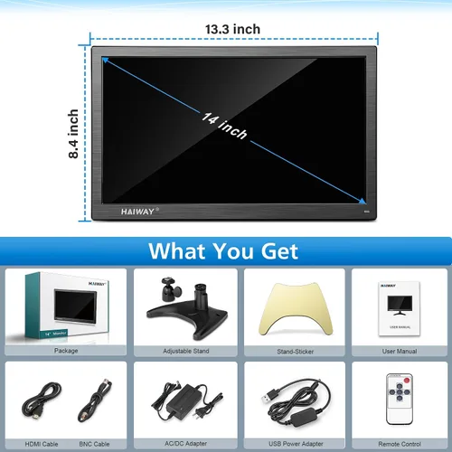 Miniatura 7 de Haiway Monitor de seguridad de 14 pulgadas, resolución de 1366 x 768, monitor de PC pequeño con altavoces integrados con puertos HDMI/VGA/BNC/AV