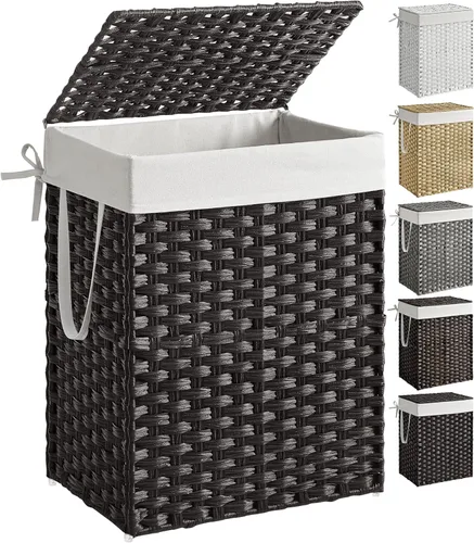 SONGMICS Cesta de lavandería con tapa, cesta de ropa de 23.8 galones (90 L) de ratán sintético con tapa y asas, plegable, forro extraíble, negro