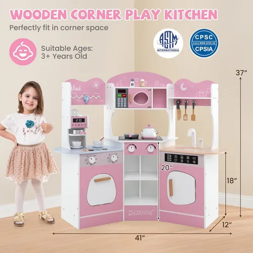 Miniatura 9 de HONEY JOY Cocina de Jugar de Rincón, Juego de Cocina de Madera para Niños Pequeños con Luces, Cafetera, Microondas, Fregadero, Grifo, Juego