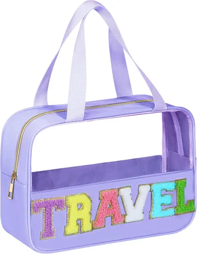 Miniatura 21 de BuyCard Bolsas de Viaje Transparentes con Parche de Letra de Chenilla, Bolsa de Maquillaje Preppy de PVC y Nylon con Asa y Cremallera, Bolsa