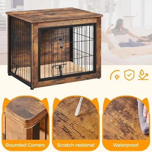 Miniatura 6 de Yaheetech 32" Mesa auxiliar de jaula para perros con cojín, jaula de madera para perros con puertas dobles/pies ajustables, mesa auxiliar lateral
