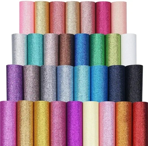 Miniatura 6 de Hojas de tela de piel sintética con purpurina de 32 colores de 8 x 6 pulgadas para lazos de cuero, aretes, fabricación de joyas, costura