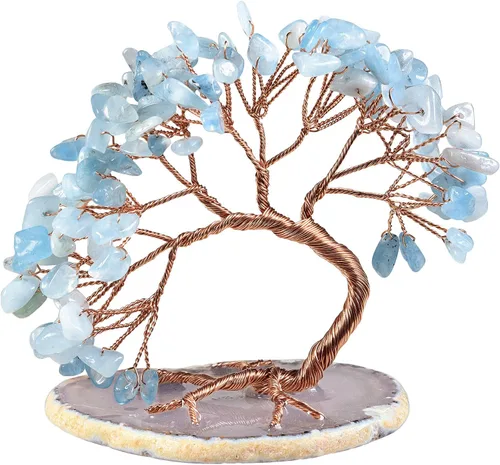 Rockcloud Árbol de dinero de cristal hecho a mano de 3 a 4 pulgadas con base de ágata rodada, piedras rodadas Feng Shui, bonsái, decoración de