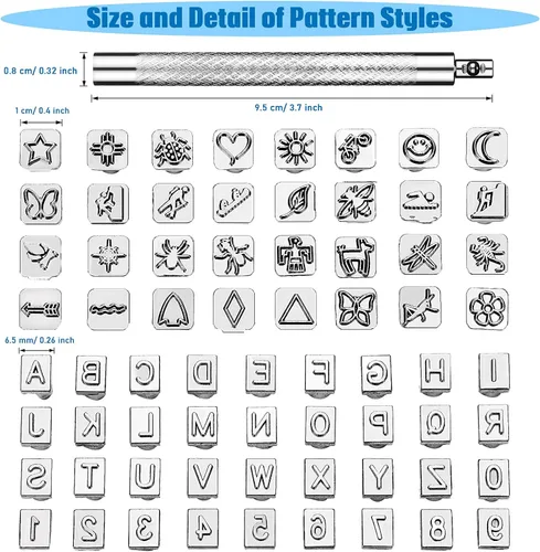 Miniatura 3 de 70 piezas de herramientas de estampado de cuero, kit de estampado de cuero con 2 piezas de herramientas de punzón, 68 piezas de letras metálicas