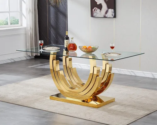 Miniatura 27 de Mesa de comedor moderna de vidrio de 70 pulgadas para 6-8, mesa de comedor de cristal dorado de lujo con base de acero inoxidable en forma de flores