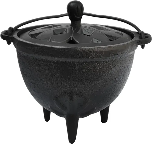 YIMIFLA Quemador de incienso caldero de hierro fundido con tapa Witchcraft de 4.9 pulgadas, perfecto para quemar carbón, resina de incienso, manchas