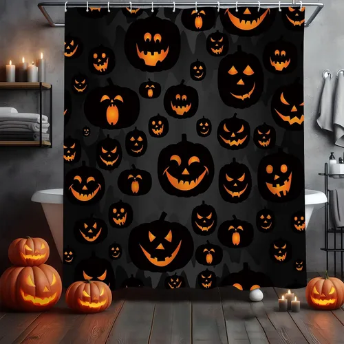 Miniatura 2 de MEHOFOND Cortina de ducha de calabaza de Halloween, cortina de ducha de calabaza malvada, cortinas de ducha de otoño negras para decoración de baño