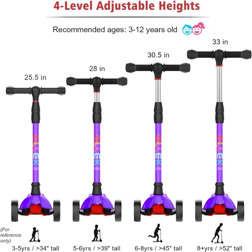 Miniatura 5 de Allek Kick Scooter B02, Lean 'N Glide Scooter con ruedas iluminadas de poliuretano extra anchas y 4 alturas ajustables para niños de 3 a 12 años