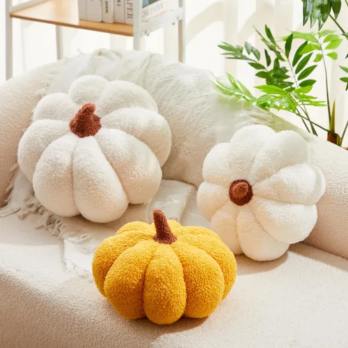 Juexica 3 piezas de almohada de calabaza de felpa esponjosa con forma de calabaza 3D, decoración de otoño, Acción de Gracias, Halloween, cojín de