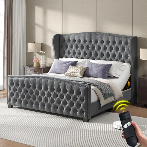 Miniatura 10 de LUXOAK Base de cama ajustable tamaño Queen con cabecero copetudo y respaldo de ala, base de cama ajustable inteligente con doble motor y control