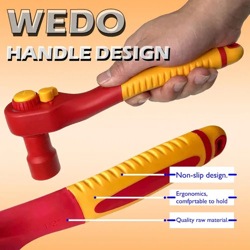 Miniatura 6 de WEDO Llave de trinquete aislada, unidad de 3/8 pulgadas, 8 pulgadas de longitud, llave de seguridad para electricistas, manijas antideslizantes VDE
