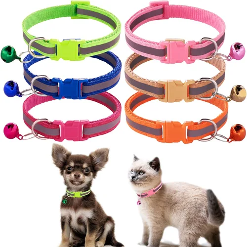 Miniatura 11 de Jecikelon 6 collares ajustables para cachorros, collar de poliéster para gatos con campana, collar básico para perros pequeños (S, pata 1)