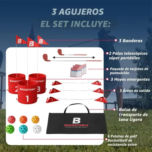 Miniatura 4 de bucketgolf Juego Original de Viaje de 3 Hoyos – Juego de Golf #1 para Patio Trasero para Adultos. Ideal para Patio, Playa, Parque, Campamento